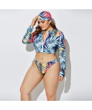 3 Piece Swimsuit for Women Plus Size 2020 Summer High Waist Print Split Long Sleeve Beach Bathing Suit - Blue - CF195T5QQYS $...