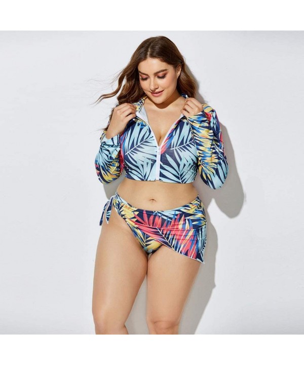 3 Piece Swimsuit for Women Plus Size 2020 Summer High Waist Print Split Long Sleeve Beach Bathing Suit - Blue - CF195T5QQYS $...