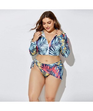 3 Piece Swimsuit for Women Plus Size 2020 Summer High Waist Print Split Long Sleeve Beach Bathing Suit - Blue - CF195T5QQYS $...