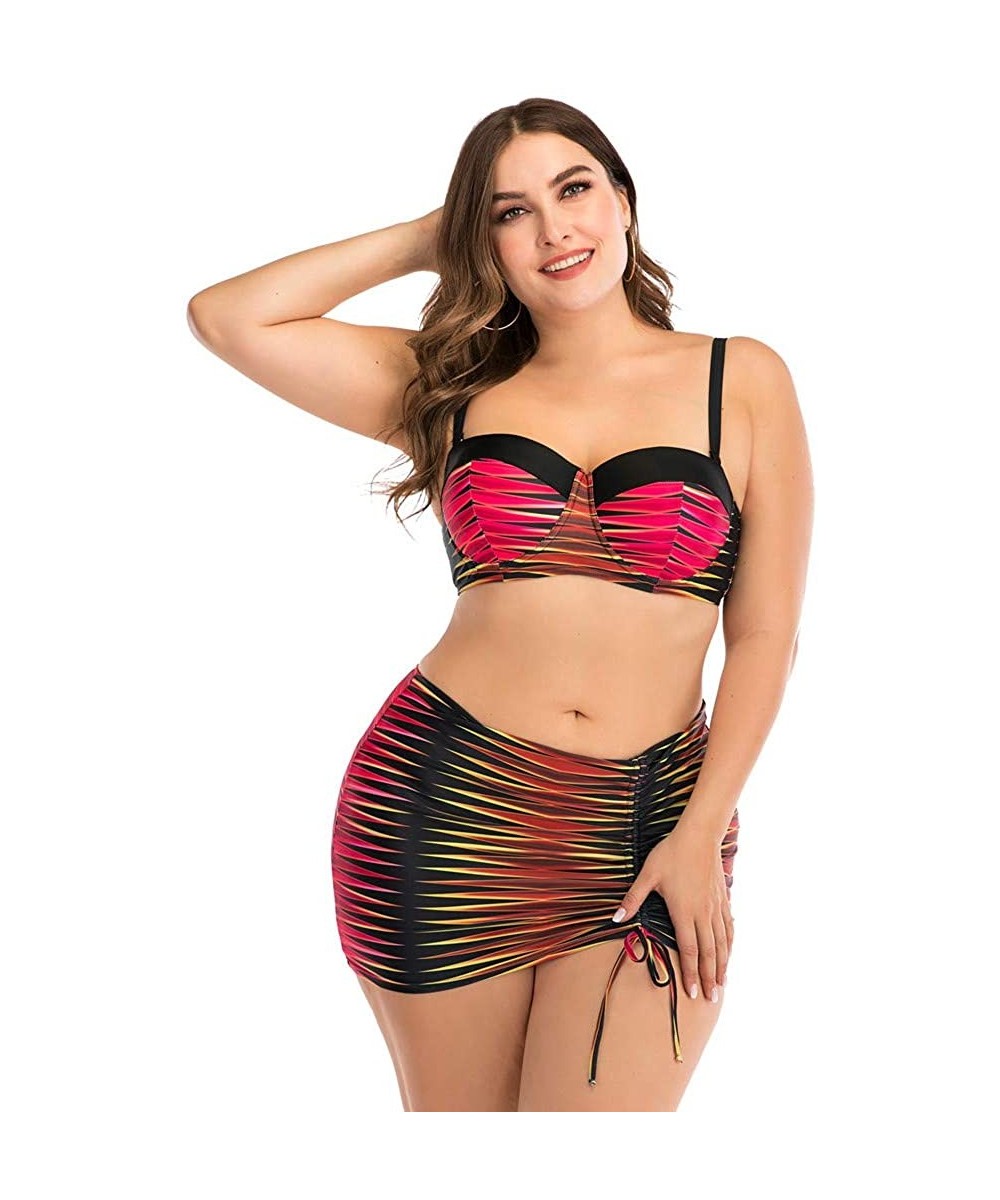 Plus Size Womens High-Waisted Bikini Set Two Pieces Beach Swimwear Bathing Suit Swimsuits - 019 Red - C7194E2R4N2 $12.09-Tops