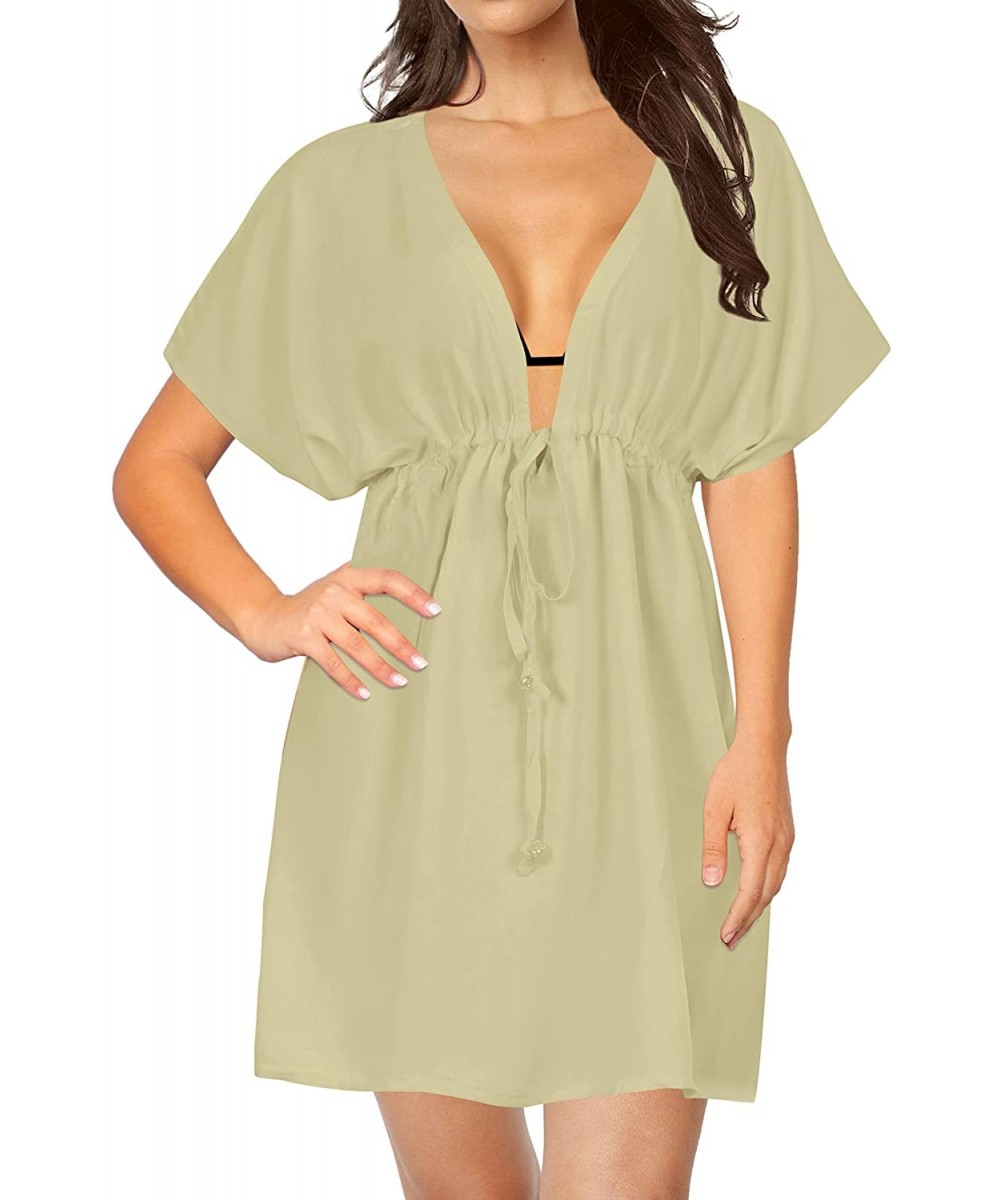 Rayon Swimwear DEEP V Neck Drawstring Short Beach Cover ups Caftan - Autumn Mustard_l993 - CT1296G424F $20.03-Cover-Ups