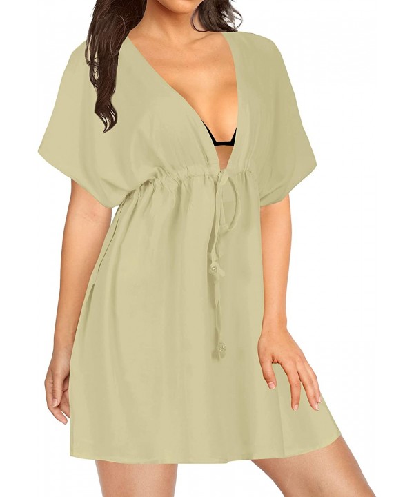 Rayon Swimwear DEEP V Neck Drawstring Short Beach Cover ups Caftan - Autumn Mustard_l993 - CT1296G424F $20.03-Cover-Ups