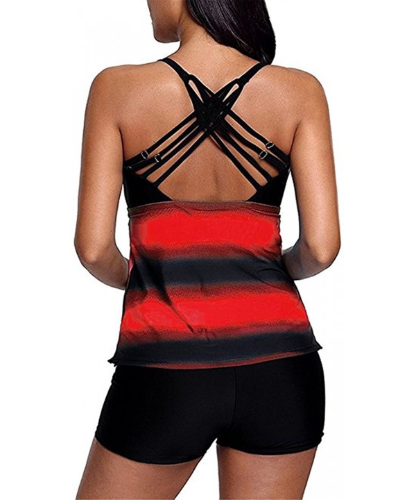 Women's Plus Size Criss Cross Back Color Block Print Tankini Top with Boyshorts Slimming Swimsuit - Black Orange - CS18CQ7KEX...