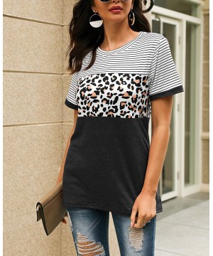 Women's Casual Cute Shirts Leopard Print Tops Color Block Tees Striped Short Sleeve Round Neck Tunic Tops - Black - C9198MQID...