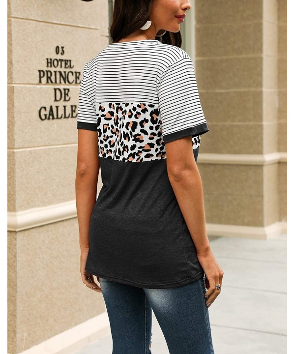 Women's Casual Cute Shirts Leopard Print Tops Color Block Tees Striped Short Sleeve Round Neck Tunic Tops - Black - C9198MQID...