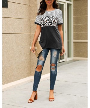 Women's Casual Cute Shirts Leopard Print Tops Color Block Tees Striped Short Sleeve Round Neck Tunic Tops - Black - C9198MQID...