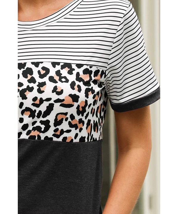 Women's Casual Cute Shirts Leopard Print Tops Color Block Tees Striped Short Sleeve Round Neck Tunic Tops - Black - C9198MQID...