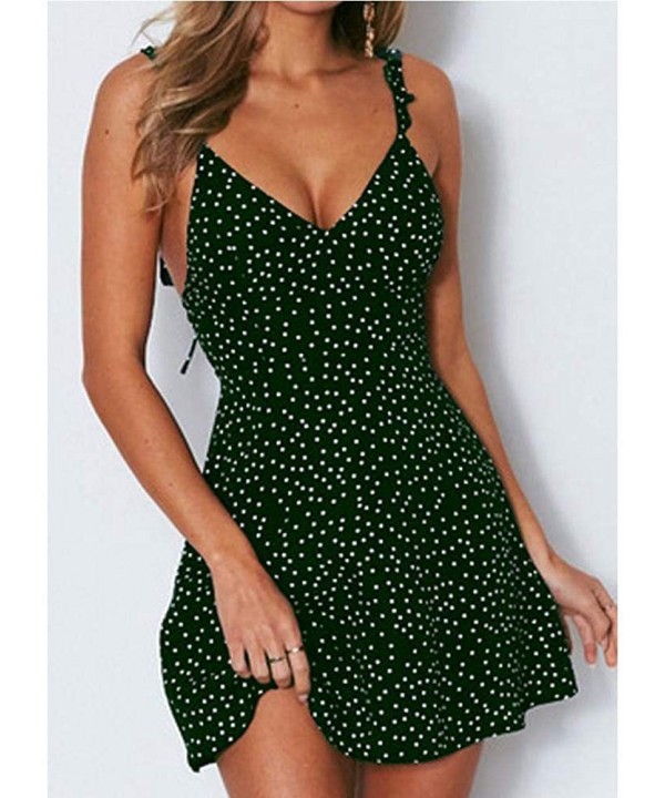 Women Beach Dress Summer Sexy Cami V Neck Polka Dots Boho Bikini Cover Up A Line Mini Dress Wrap Sundress Robe Green - CE19D8...