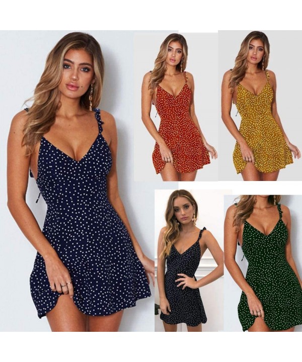 Women Beach Dress Summer Sexy Cami V Neck Polka Dots Boho Bikini Cover Up A Line Mini Dress Wrap Sundress Robe Green - CE19D8...