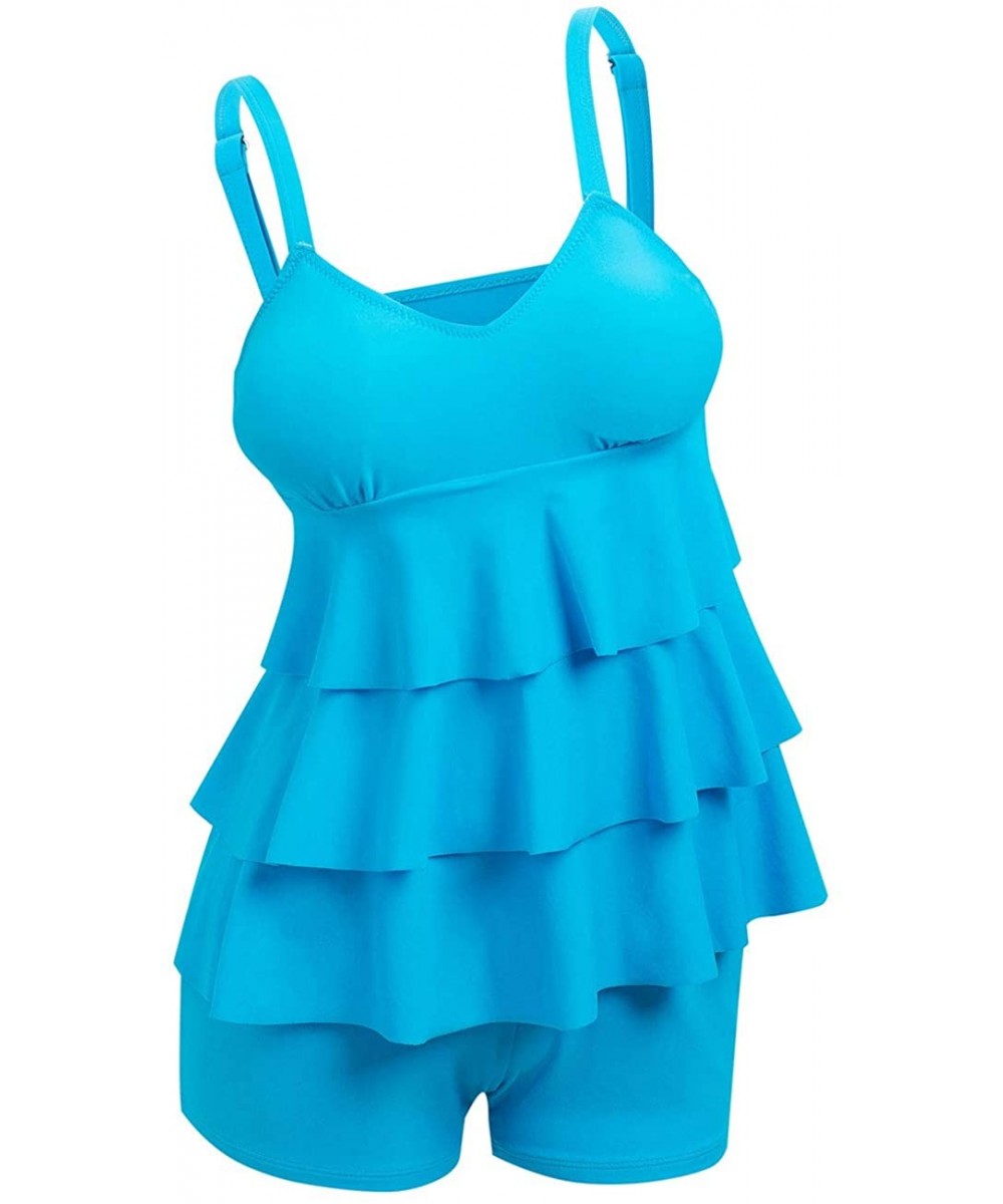 Womens Two Piece Tankini Sets Ruffle Top Swimsuit Printed Bathing Suit with Shorts Plus Size Plus Size Lake Blue - C718TTTZH4...