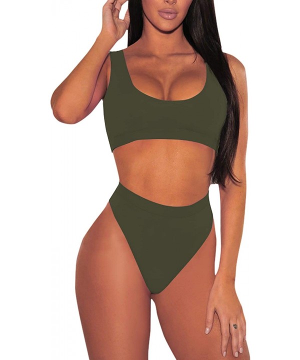 Womens Tank Crop Top High Waisted Cheeky Two Piece Bikini Sets Swimsuits - Army Green - CI18EL9U73G $21.74-Sets