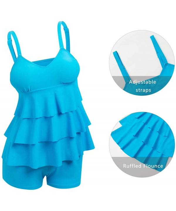 Womens Two Piece Tankini Sets Ruffle Top Swimsuit Printed Bathing Suit with Shorts Plus Size Plus Size Lake Blue - C718TTTZH4...