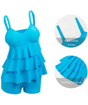 Womens Two Piece Tankini Sets Ruffle Top Swimsuit Printed Bathing Suit with Shorts Plus Size Plus Size Lake Blue - C718TTTZH4...