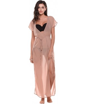 Women V Neck Chiffon Split Maxi Beach Dress Bikini Swimsuit Cover Up - Brown - CP17YE9M7QT $26.70-Cover-Ups