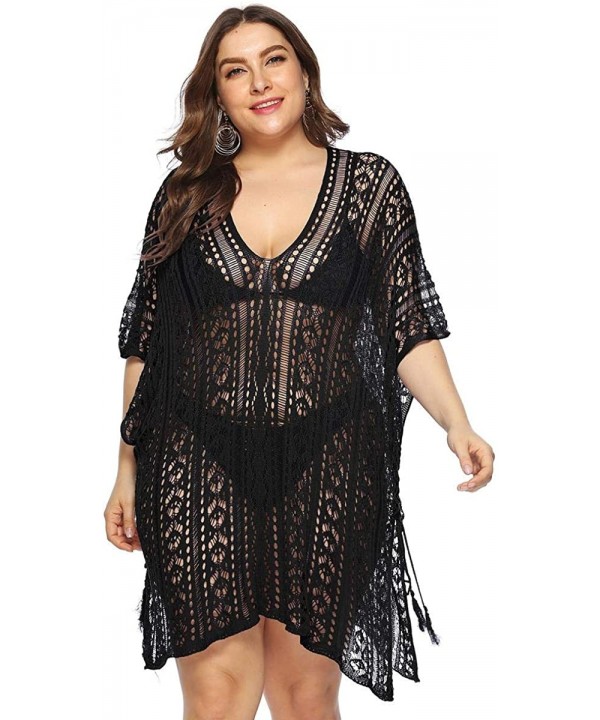 Womens Plus Size Beach Cover ups Summer Swimwear Mesh Net Shawl Lace Pullover - Black - C819CAHDOCC $13.88-Cover-Ups