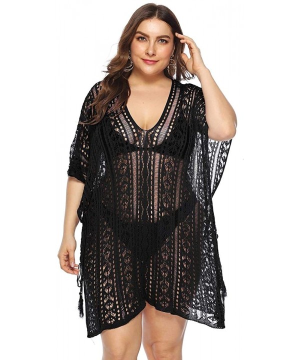 Womens Plus Size Beach Cover ups Summer Swimwear Mesh Net Shawl Lace Pullover - Black - C819CAHDOCC $13.88-Cover-Ups