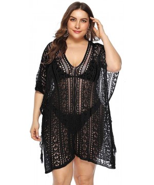 Womens Plus Size Beach Cover ups Summer Swimwear Mesh Net Shawl Lace Pullover - Black - C819CAHDOCC $13.88-Cover-Ups