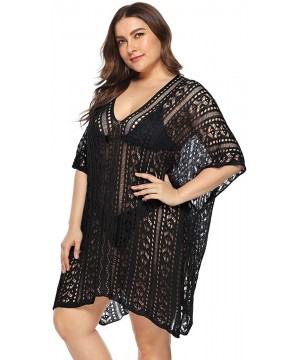 Womens Plus Size Beach Cover ups Summer Swimwear Mesh Net Shawl Lace Pullover - Black - C819CAHDOCC $13.88-Cover-Ups