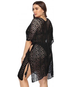 Womens Plus Size Beach Cover ups Summer Swimwear Mesh Net Shawl Lace Pullover - Black - C819CAHDOCC $13.88-Cover-Ups