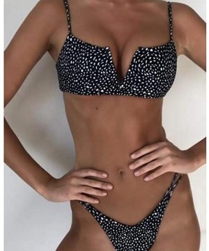 Women Solid Color Bikini Swimwear Push-Up Big V Split Swimsuit Beachwear - Black - CH1947XQ7XS $13.13-Tankinis