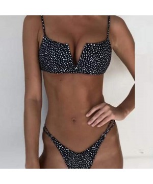 Women Solid Color Bikini Swimwear Push-Up Big V Split Swimsuit Beachwear - Black - CH1947XQ7XS $13.13-Tankinis