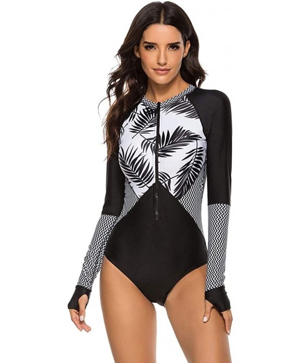 Women's Long Sleeve Floral Printed Zip Front Rashguard One Piece Swimsuit Sun Protection Surfing Swimwear - Black Tropical - ...