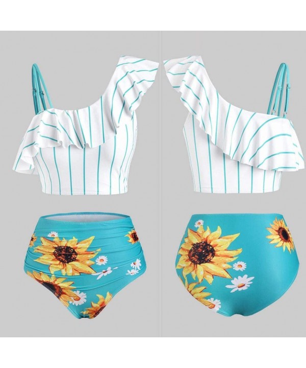 Women's Striped Sunflower Print Push-Up Padded Plus Size Overlay Bikini Swimsuit Beachwear - B Green - C8199SHGATG $16.46-Sets