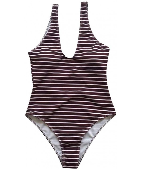 Womens Fashion Zip Front Swimsuit Striped Printed One Piece Swimwear Conservative Monokini - Brown - CN194OYEWM0 $13.07-Racing