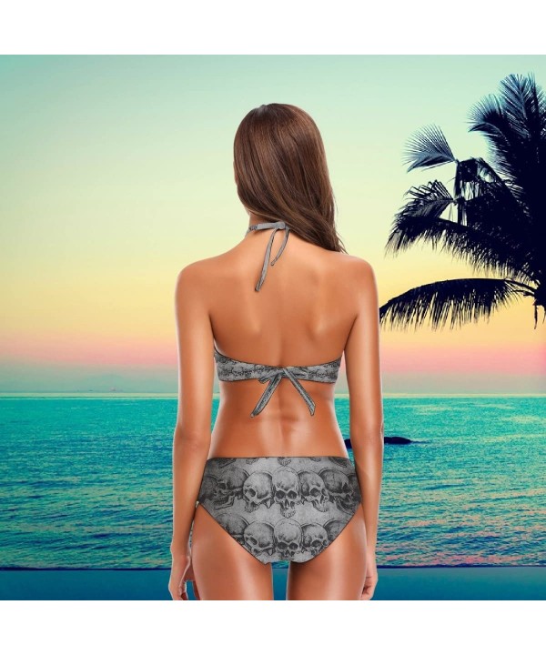 Woman 2 Piece Fashion Design Vintage Sexy Summer Beach Hot High Neck Halter Push up Swimsuit Bikini Set Dark Gray Skull - CN1...