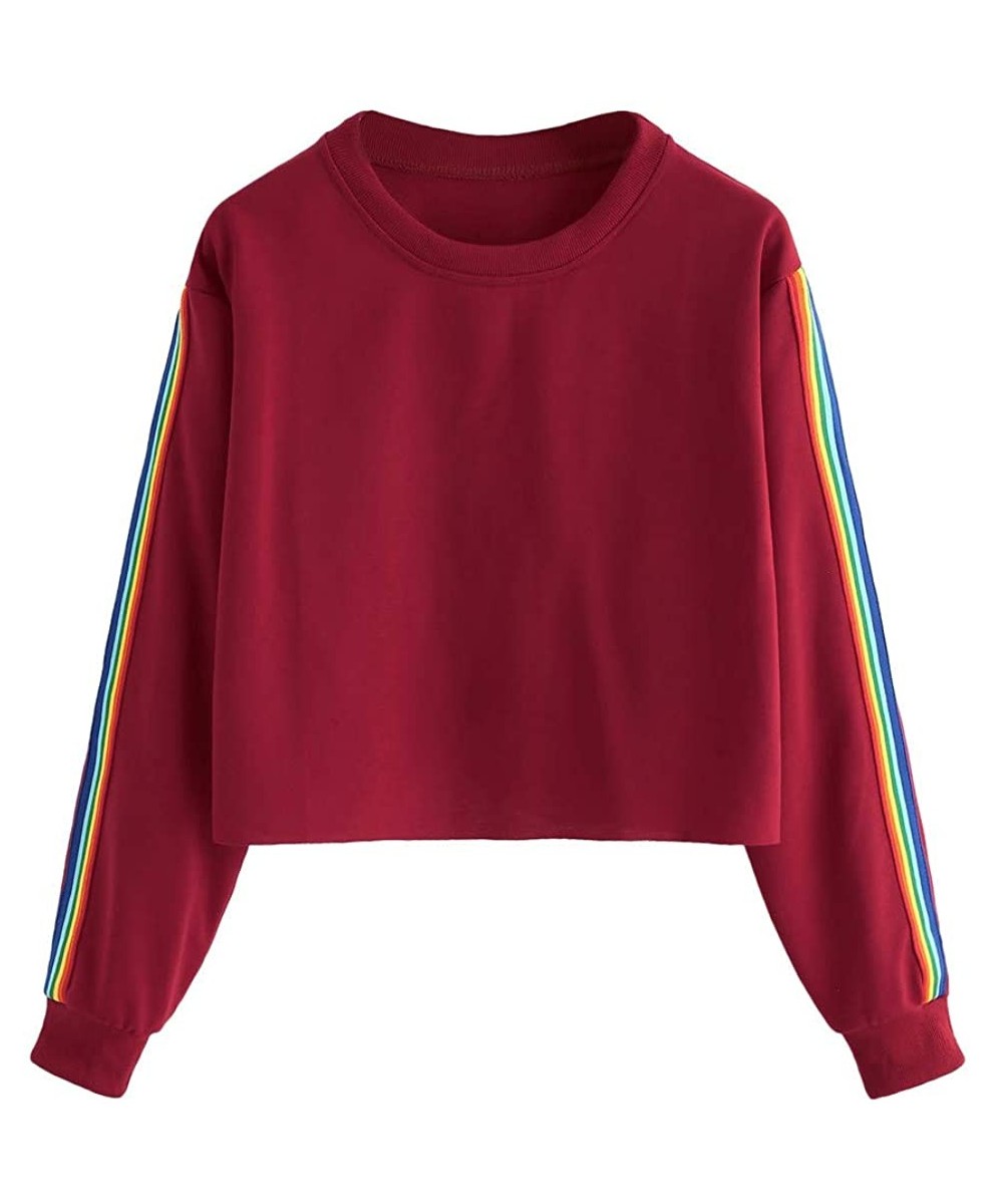 Teen Girls Rainbow Sweatshirt Womens Crop Tops Patchwork Long Sleeve Stripe Pullover Hoodies - Wine - CX18KMYYYKK $11.50-Cove...