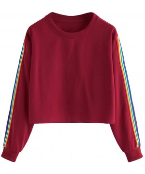 Teen Girls Rainbow Sweatshirt Womens Crop Tops Patchwork Long Sleeve Stripe Pullover Hoodies - Wine - CX18KMYYYKK $11.50-Cove...