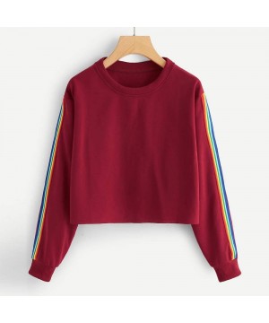 Teen Girls Rainbow Sweatshirt Womens Crop Tops Patchwork Long Sleeve Stripe Pullover Hoodies - Wine - CX18KMYYYKK $11.50-Cove...