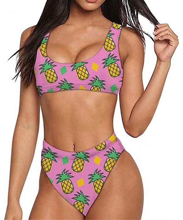 Bikini Women Sexy Push Up Swimsuit High Waist Tankini 2pcs Plus Size Swimsuits - Pineapple Pink - CT1960SAZGY $17.62-Sets