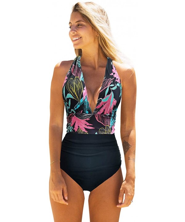 Deep V Neck Halter One Piece Swimsuit Women Backless Sexy Bathing Suit Plunging Monokini - Print54 - CC19EDRMDYW $23.44-One-P...