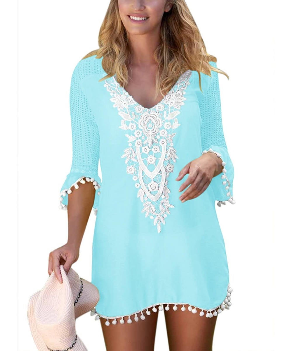 2020 Women's Crochet Pom Pom Trim Beach Tunic Swimsuit Cover Up Dress - Light Blue - CE18HT4QXHL $18.15-Cover-Ups