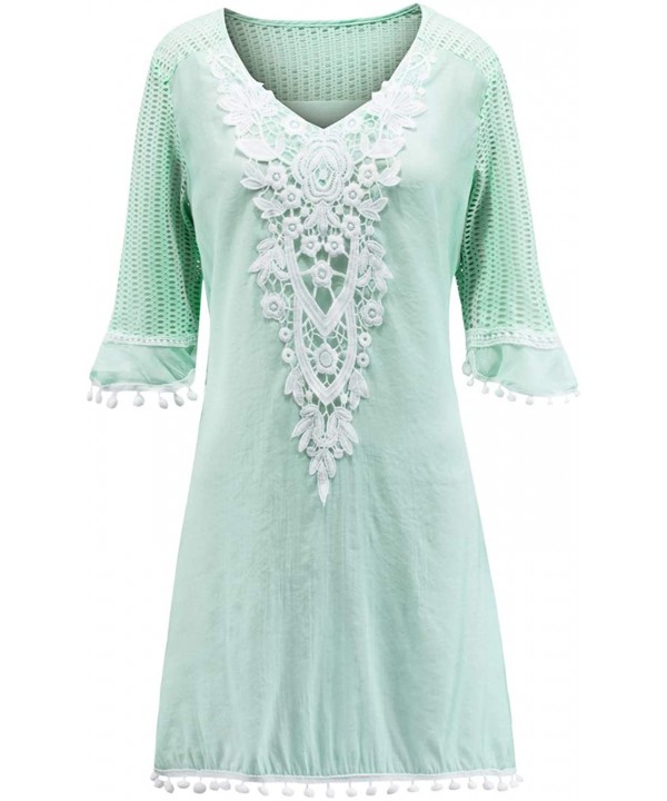 2020 Women's Crochet Pom Pom Trim Beach Tunic Swimsuit Cover Up Dress - Light Blue - CE18HT4QXHL $18.15-Cover-Ups