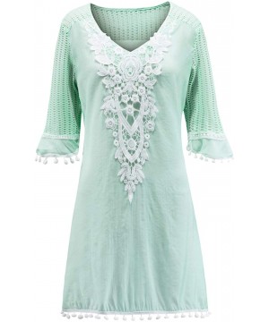 2020 Women's Crochet Pom Pom Trim Beach Tunic Swimsuit Cover Up Dress - Light Blue - CE18HT4QXHL $18.15-Cover-Ups