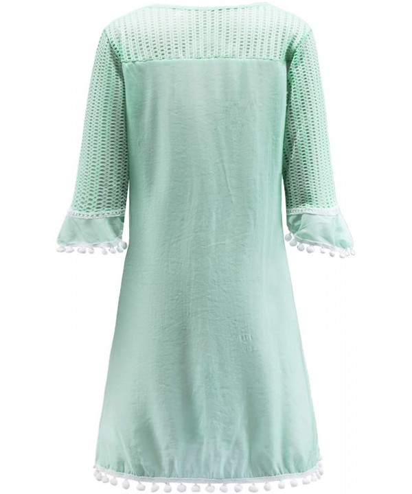 2020 Women's Crochet Pom Pom Trim Beach Tunic Swimsuit Cover Up Dress - Light Blue - CE18HT4QXHL $18.15-Cover-Ups