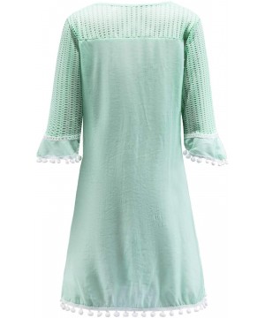 2020 Women's Crochet Pom Pom Trim Beach Tunic Swimsuit Cover Up Dress - Light Blue - CE18HT4QXHL $18.15-Cover-Ups