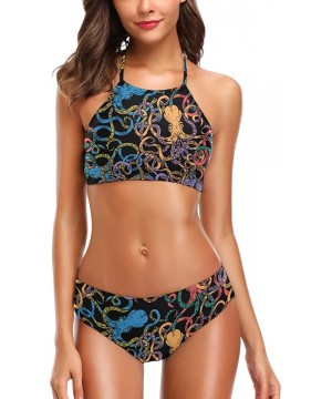 Women's Chic Summer Hot 2 Piece Halter Neack High Waist Padded Sexy Swimsuit - Octopus - CI18EY22SL7 $25.16-Sets