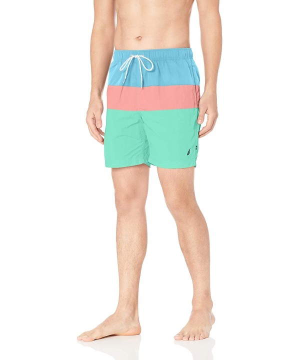 Men's Quick Dry Triblock Print Flat Front Swim Trunk - Pink Shrimp - C218NKDG6CO $26.79-Trunks