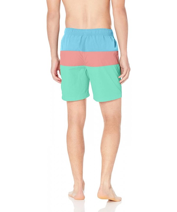 Men's Quick Dry Triblock Print Flat Front Swim Trunk - Pink Shrimp - C218NKDG6CO $26.79-Trunks