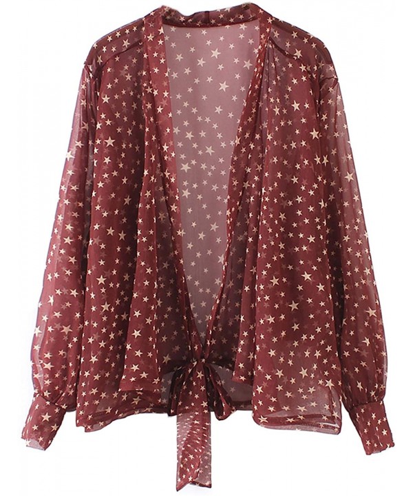 Womens Tie Knot Front Transparent Cover up Retro Star Print Kimono Cardigans - Wine Red - CL18OIY3S9A $18.62-Cover-Ups