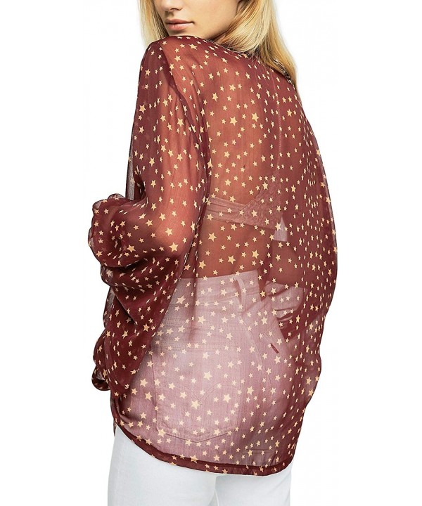 Womens Tie Knot Front Transparent Cover up Retro Star Print Kimono Cardigans - Wine Red - CL18OIY3S9A $18.62-Cover-Ups