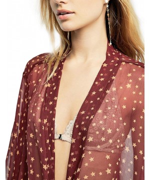 Womens Tie Knot Front Transparent Cover up Retro Star Print Kimono Cardigans - Wine Red - CL18OIY3S9A $18.62-Cover-Ups