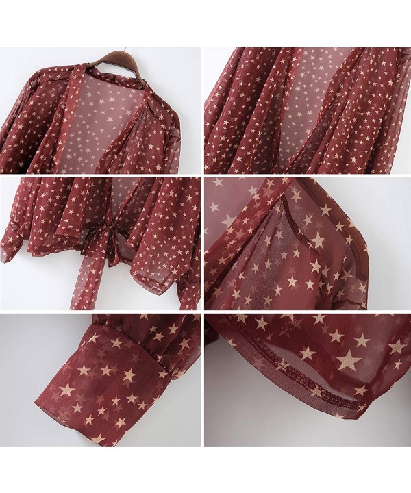 Womens Tie Knot Front Transparent Cover up Retro Star Print Kimono Cardigans - Wine Red - CL18OIY3S9A $18.62-Cover-Ups