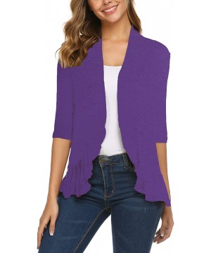 Women's Open Front Cardigan 3/4 Sleeve Draped Ruffles Soft Knit Sweaters - Purple - C218G9DTSW8 $26.13-Cover-Ups