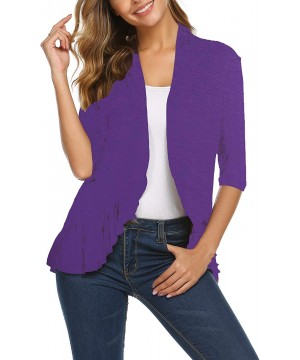 Women's Open Front Cardigan 3/4 Sleeve Draped Ruffles Soft Knit Sweaters - Purple - C218G9DTSW8 $26.13-Cover-Ups