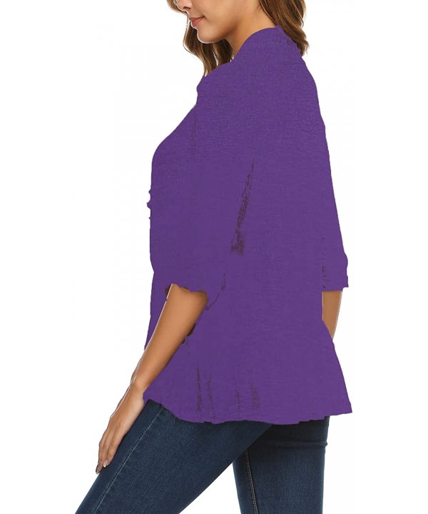 Women's Open Front Cardigan 3/4 Sleeve Draped Ruffles Soft Knit Sweaters - Purple - C218G9DTSW8 $26.13-Cover-Ups