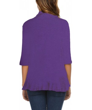 Women's Open Front Cardigan 3/4 Sleeve Draped Ruffles Soft Knit Sweaters - Purple - C218G9DTSW8 $26.13-Cover-Ups